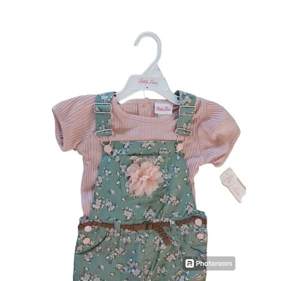 Girls overall outfit 3T Green Flowers Little  Lass - Picture 4 of 5